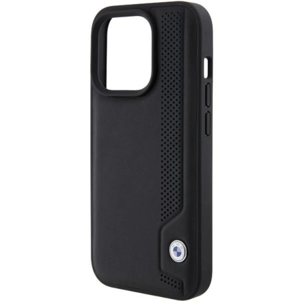 BMW iPhone 15 Pro matkapuhelimen suojakuori, nahka siniset pisteet - musta
