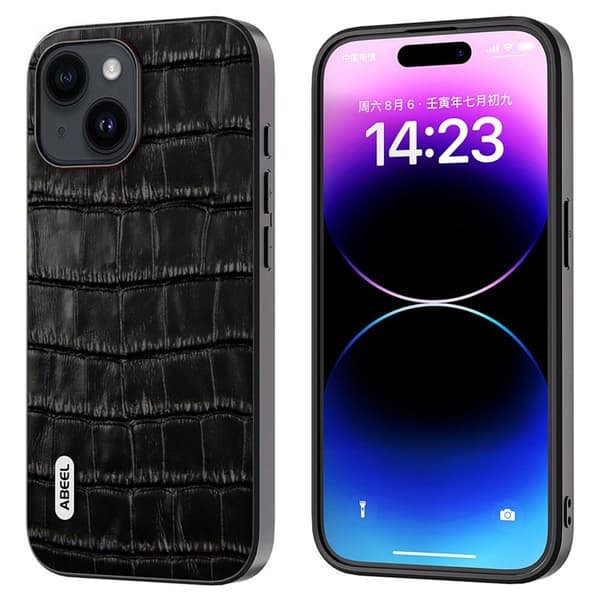 ABEEL iPhone 15 Plus Plånboksfodral Äkta Läder PC Äkta Läder Svart