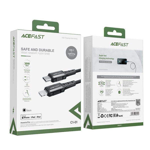 Acefast MFI USB-C - Lightning-kaapeli 30 W 1,2 m - musta