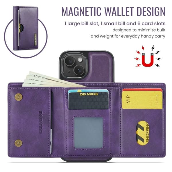 DG.MING M6 Series Mobilskal till iPhone 15 Magnetiskt Plånboksfodral Lila
