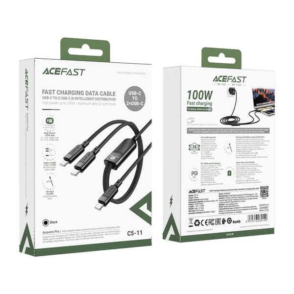Acefast C5-11 2in1 USB-C/USB-C PD 100W Kabel 480Mb/s Svart