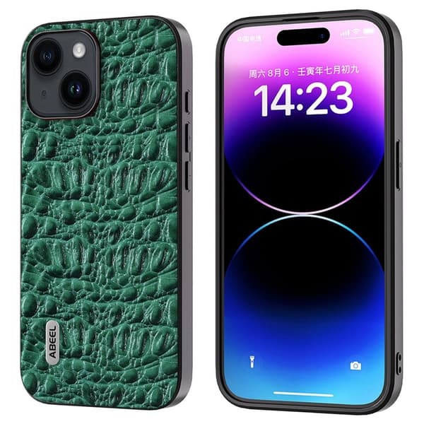 ABEEL Mobilskal till iPhone 15 Plus Canopy Textur Grön Äkta Läder