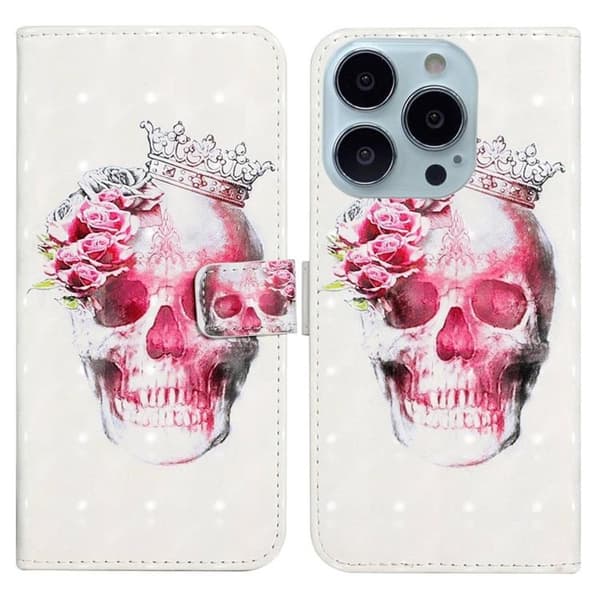 iPhone 14 Pro Max Plånboksfodral 3D Pattern - Crown Skull Rosa