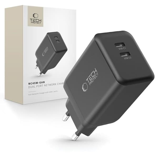 Tech-Protect NC45W-GAN 2-Port Hurtigoplader PD 45W - Sort Svart