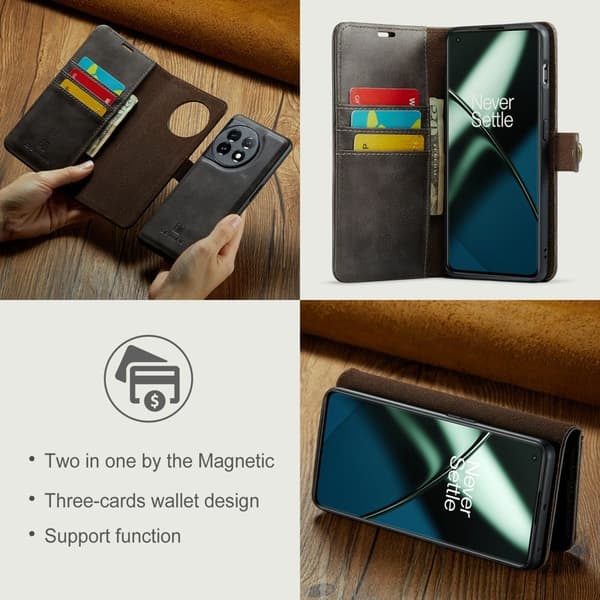DG.MING OnePlus 11 5G Äkta Läder Plånboksfodral Detachable Magnetisk Grå