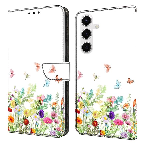 Plånboksfodral för Samsung Galaxy S26 Plus Konstläder Blommor och Gräs Mörkgrön