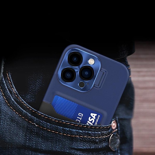 iPhone 14 Pro Max Skal Korthållare Läder Kickstand - Blå