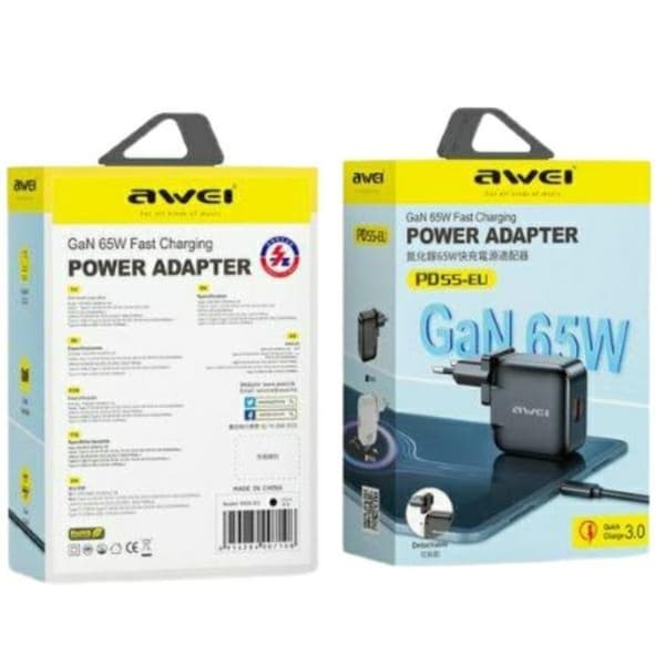 Awei Snabbladdare 65W 1xUSB-C 1xUSB-A PD55-EU GaN - Svart Svart