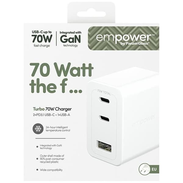 Empower by PanzerGlass Snabbladdare 70W 2xUSB-C 1xUSB-A Turbo - Silver Silver