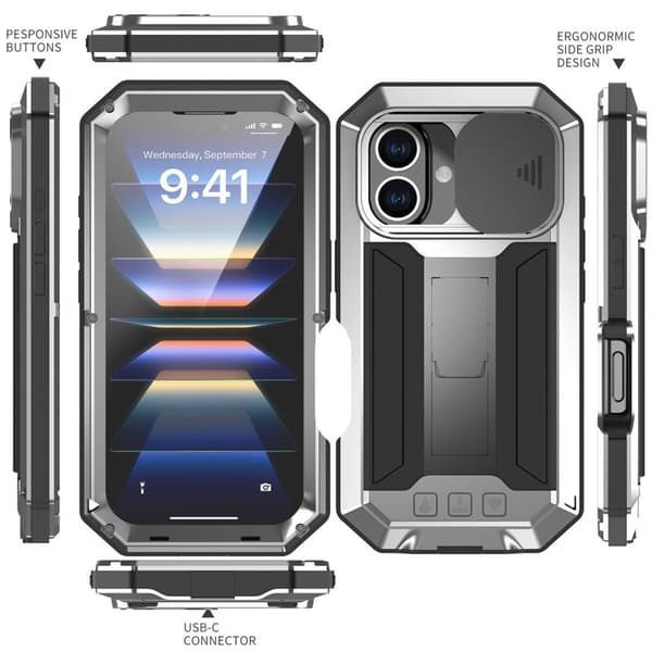 R-JUST Mobilskal till iPhone 16 Plus Kickstand Silikon+Metal+PC Silver