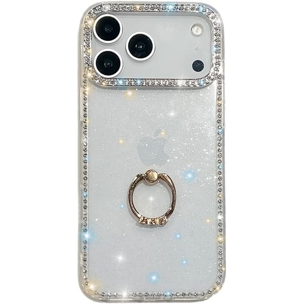 Mobilskal till iPhone 17 Pro Max Rhinestone Edge Ring Kickstand Transparent