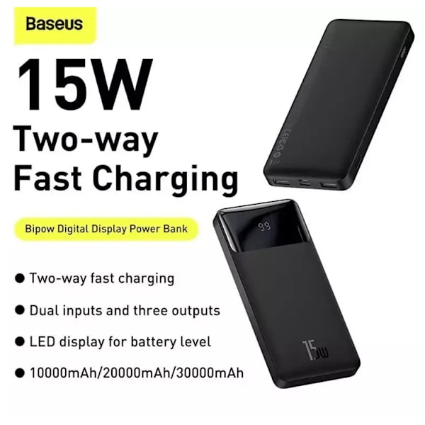 Baseus Bipow Digital Display Powerbank 10000mAh 15W - Svart Svart