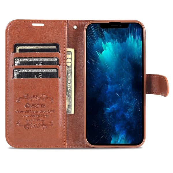 AZNS iPhone 15 Plånboksfodral Konstläder - Ställfunktion - Brun