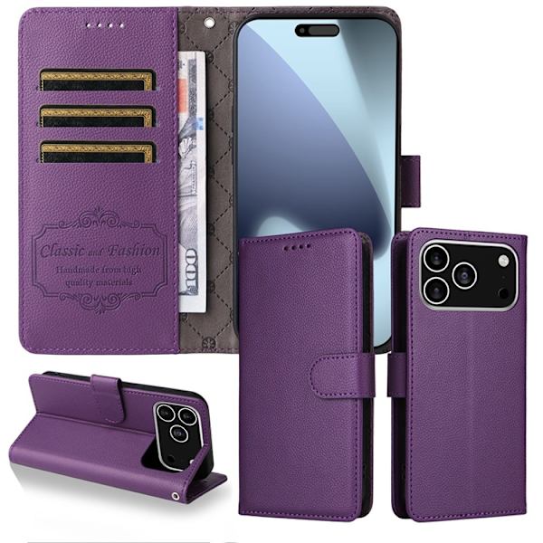 iPhone 17 Pro Plånboksfodral RFID Blocking med Handledsrem Lila