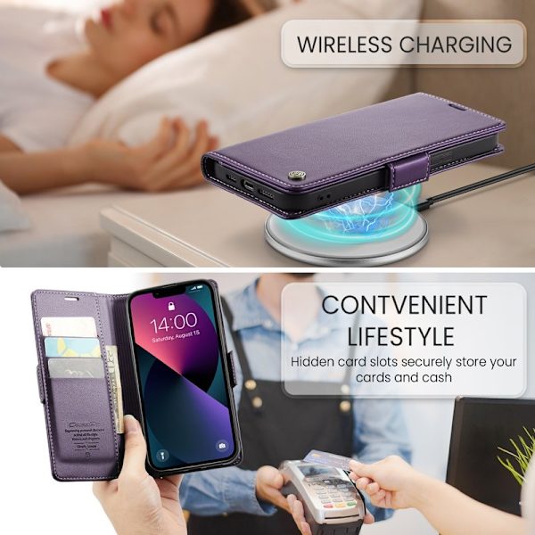 CASEME iPhone 14 Plånboksfodral Konstläder RFID-Skydd Lila