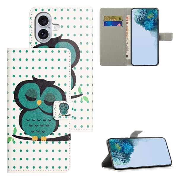 iPhone 17 Konstläder Plånboksfodral Pattern Print - Prickar Uggla Grön