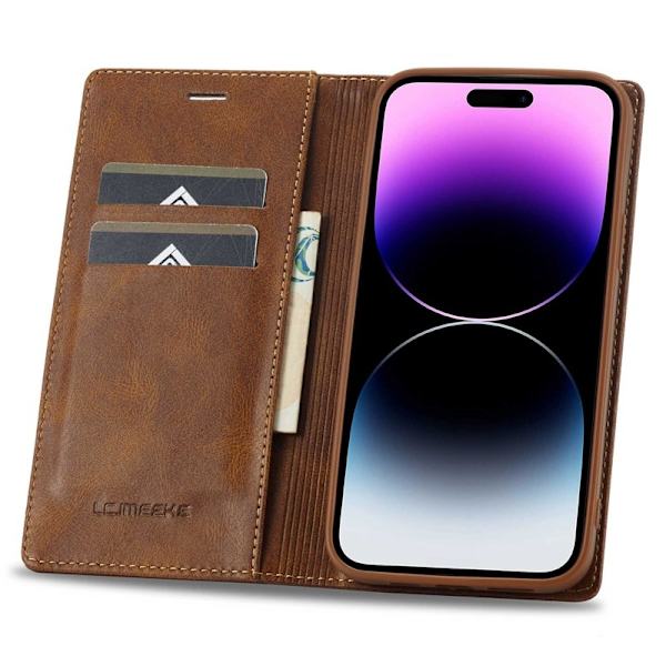 LC.IMEEKE iPhone 14 Pro Max Plånboksfodral RFID Blocker Konstläder - Brun