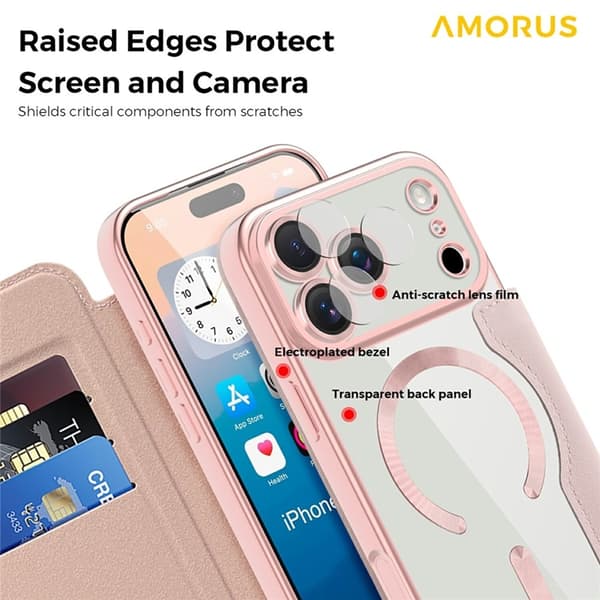 AMORUS iPhone 17 Pro Plånboksfodral MagSafe RFID-Skydd - Rosa Rosa