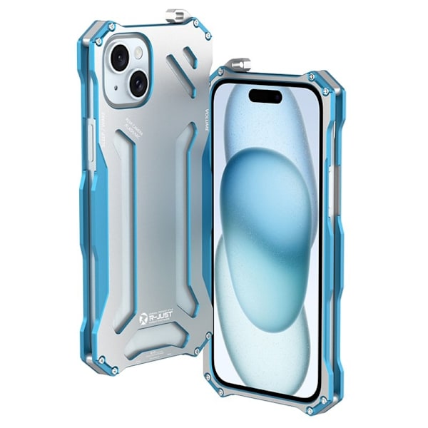 R-JUST Mobilskal till iPhone 15 Metall Hål Design Stötsäker Silver+Blå