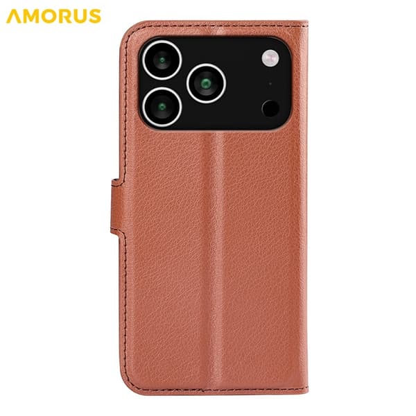 AMORUS iPhone 17 Pro Konstläder Plånboksfodral Flipstativ Litchi - Brun Brun