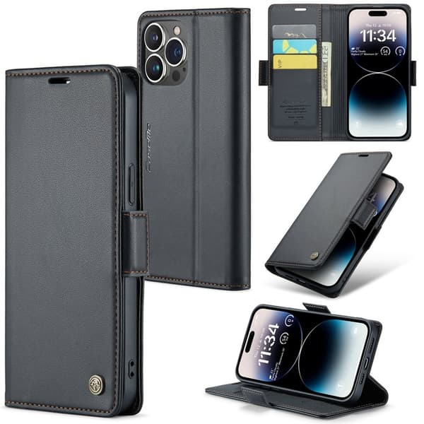 CASEME iPhone 14 Pro Max Plånboksfodral Konstläder RFID-Skydd Svart