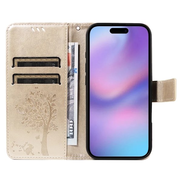 iPhone 17 Konstläder Plånboksfodral Tree Pattern - Guld Guld