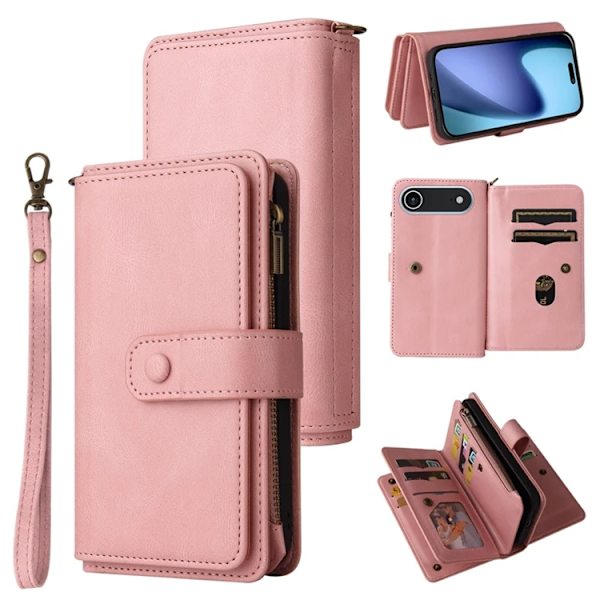 iPhone 17 Air Konstläder Plånboksfodral Zipper Rem Rosa