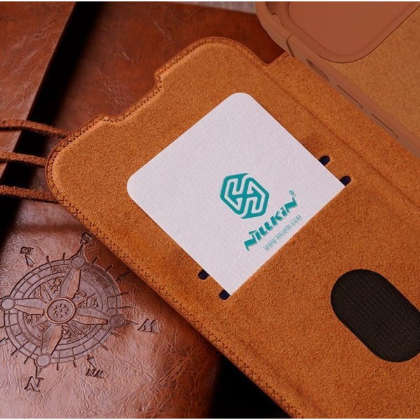 Nillkin iPhone 15 Plus Plånboksfodral Qin Pro Läder - Brun