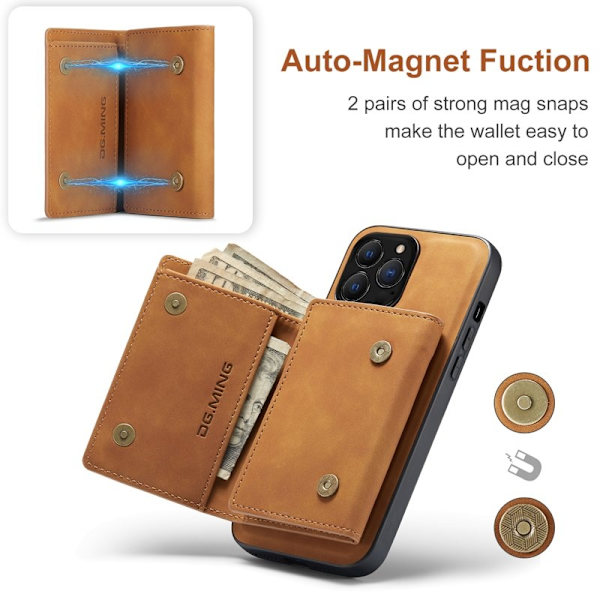 DG.MING iPhone 16 Pro Max Konstläder Plånboksfodral Kickstand Brun
