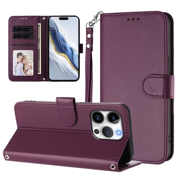 iPhone 16 Pro Plånboksfodral Läder med Handledsrem - Lila Lila