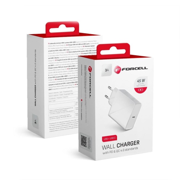 Forcell Rejseoplader med USB-C Socket 3A 45W PD and QC 4.0