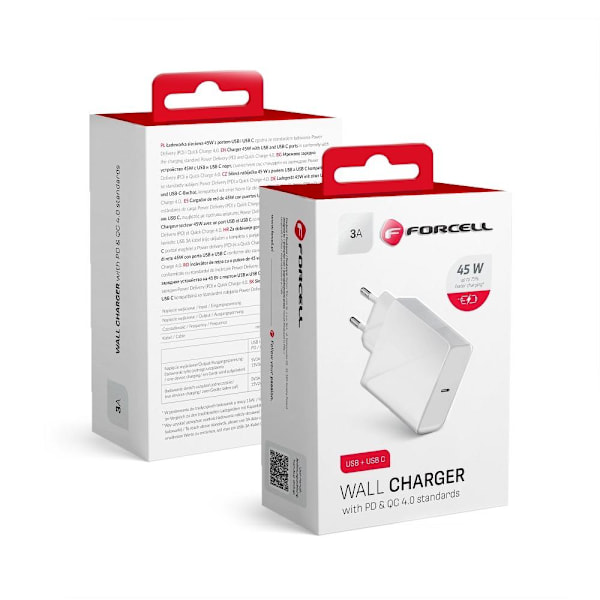 Forcell Reseladdare med USB-C Socket 3A 45W PD and QC 4.0