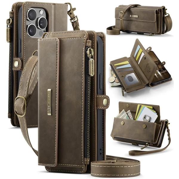 Caseme iPhone 15 Pro Max Konstläder Plånboksfodral RFID-Skydd Zipper - Brun Brun