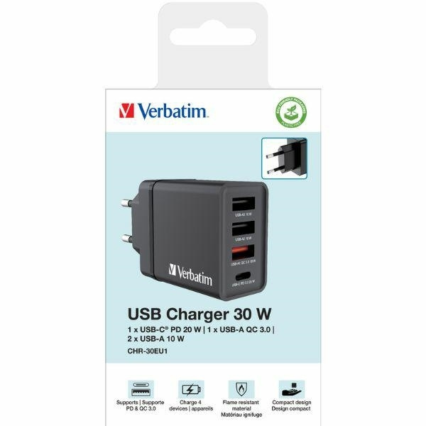 Verbatim Hurtigoplader 30W 3xUSB-A 1xUSB-C PD 3.0 - Sort Svart