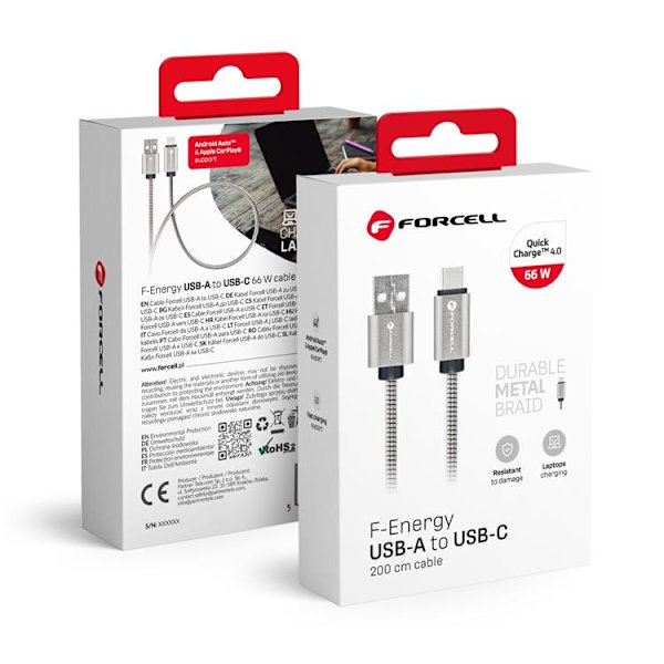 FORCELL USB-A - USB-C 66W Kabel 2m C234 QC4.0A 3A - Sølv Silver