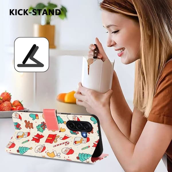 Samsung Galaxy A57 Plånboksfodral Konstläder Julmönster - Vit