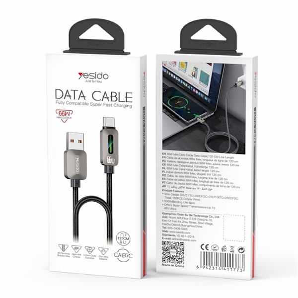 YESIDO USB-A - USB-C 66W Kabel 1.2m CarPlay - Grå Grå
