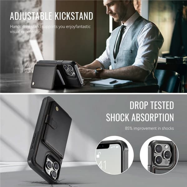 JEEHOOD J09 Mobilskal till iPhone 15 Pro RFID Låsfunktion Läder Svart