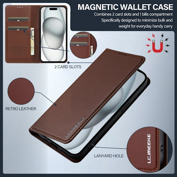LC.IMEEKE L1 Series iPhone 15 Plånboksfodral Konstläder - Brun