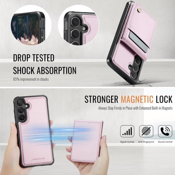 JEEHOOD Mobilskal för Samsung Galaxy S26 Magnetiskt Konstläder RFID - Rosa