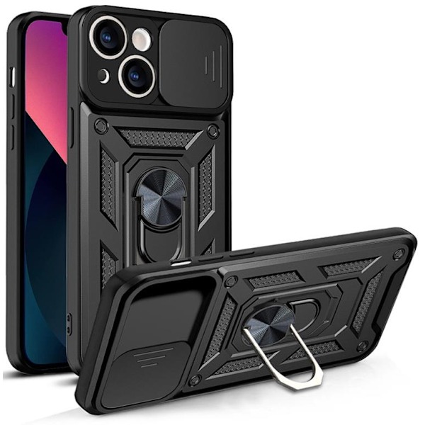 iPhone 14 Plus Skal med Ringhållare Hybrid Armor Camshield - Svart Svart
