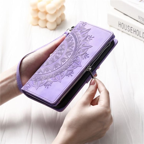 iPhone 15 Pro Max -lompakkokotelo Mandala Flower Imprinted - Violetti