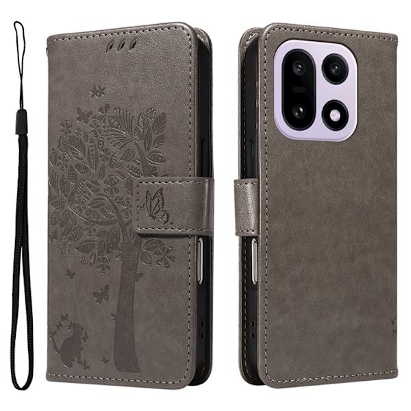 OnePlus 15 5G Plånboksfodral Cat Tree Pattern Konstläder Grå