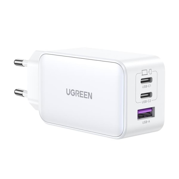 Ugreen GaN seinätevirtalähde USB-/2x USB-C 65W Fast - Valkoinen