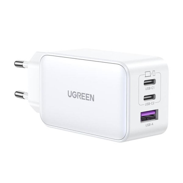 Ugreen GaN Vægoplader USB-/2x USB-C 65W Fast - Hvid