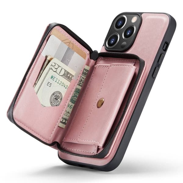 JEEHOOD Mobilskal till iPhone 14 Pro Max KonstLäder Zipper Wallet Rosa