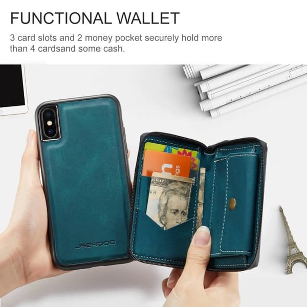 JEEHOOD Mobilskal till iPhone XS Max Detachable Zipper Wallet Blå
