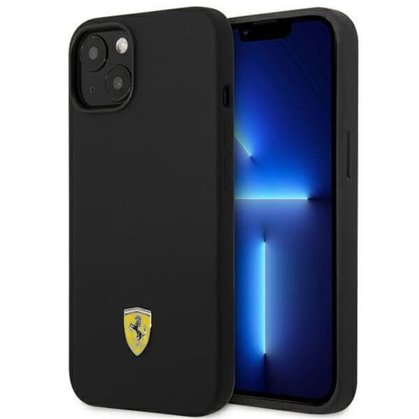 Ferrari iPhone 14 Plus -kuori, silikoni, metallilogo - Musta Black