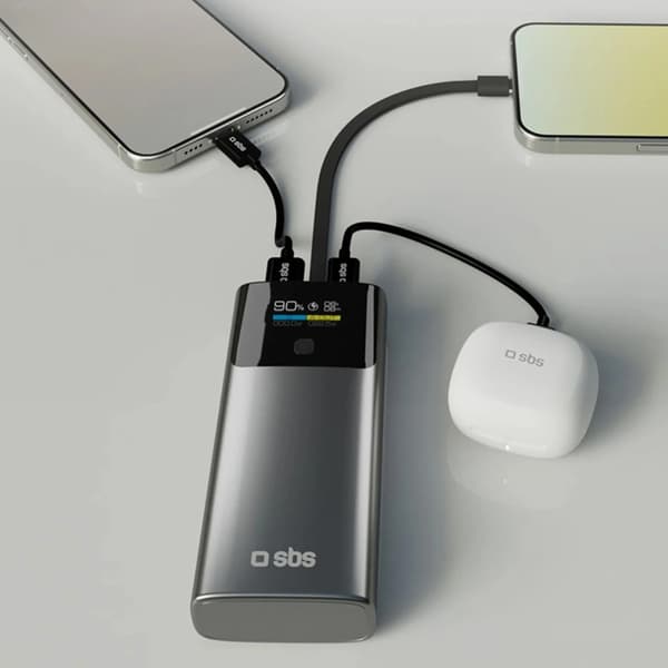 SBS Powerbank 10000mAh 20W PD Och USB-C Kabel med LCD - Grå Grå