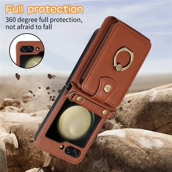 Galaxy Z Flip7 Plånboksfodral Ring Kickstand med Lång rem - Brun Brun